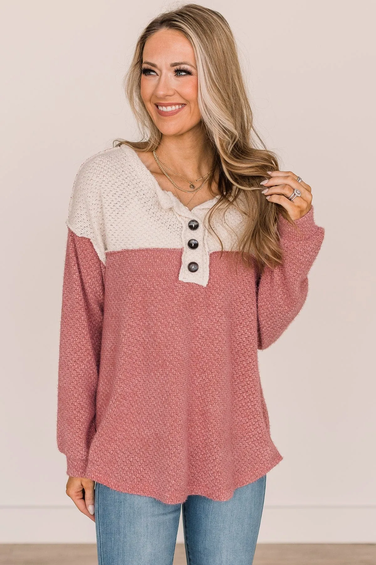 Take Your Chance Button Knit Top- Ivory & Dusty Rose