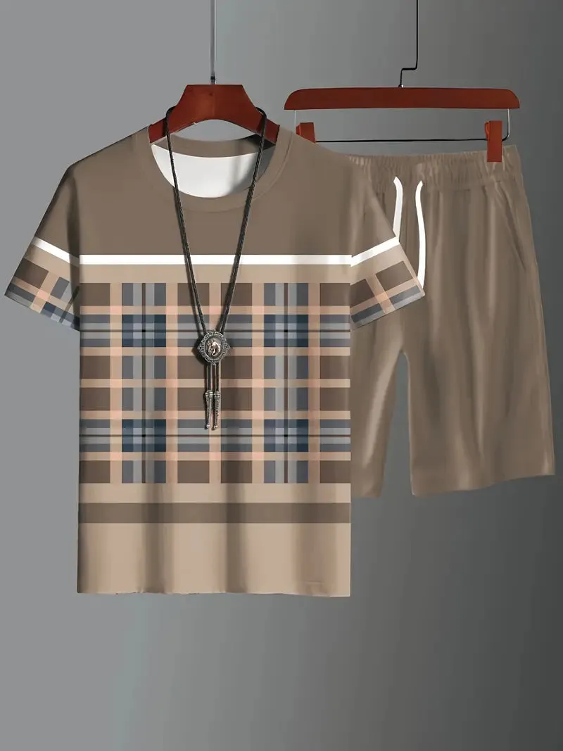 Two-Piece Color-Blocked Short-Sleeve Shirt and Drawstring Shorts Set