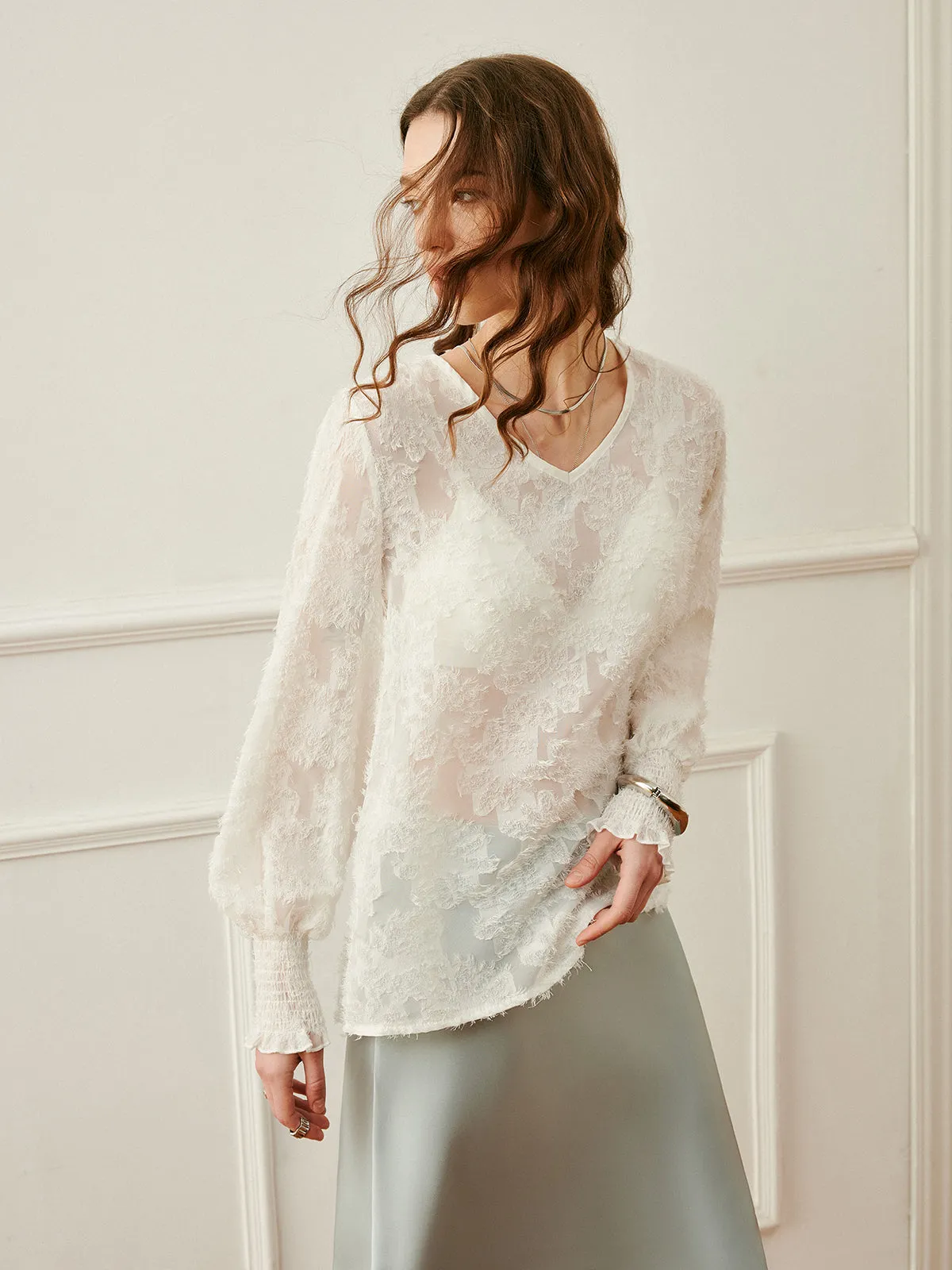V-Neck Lantern Sleeve Embroidered Top