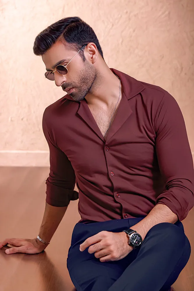 Wine Full Sleeves Cuban Collar Shirt