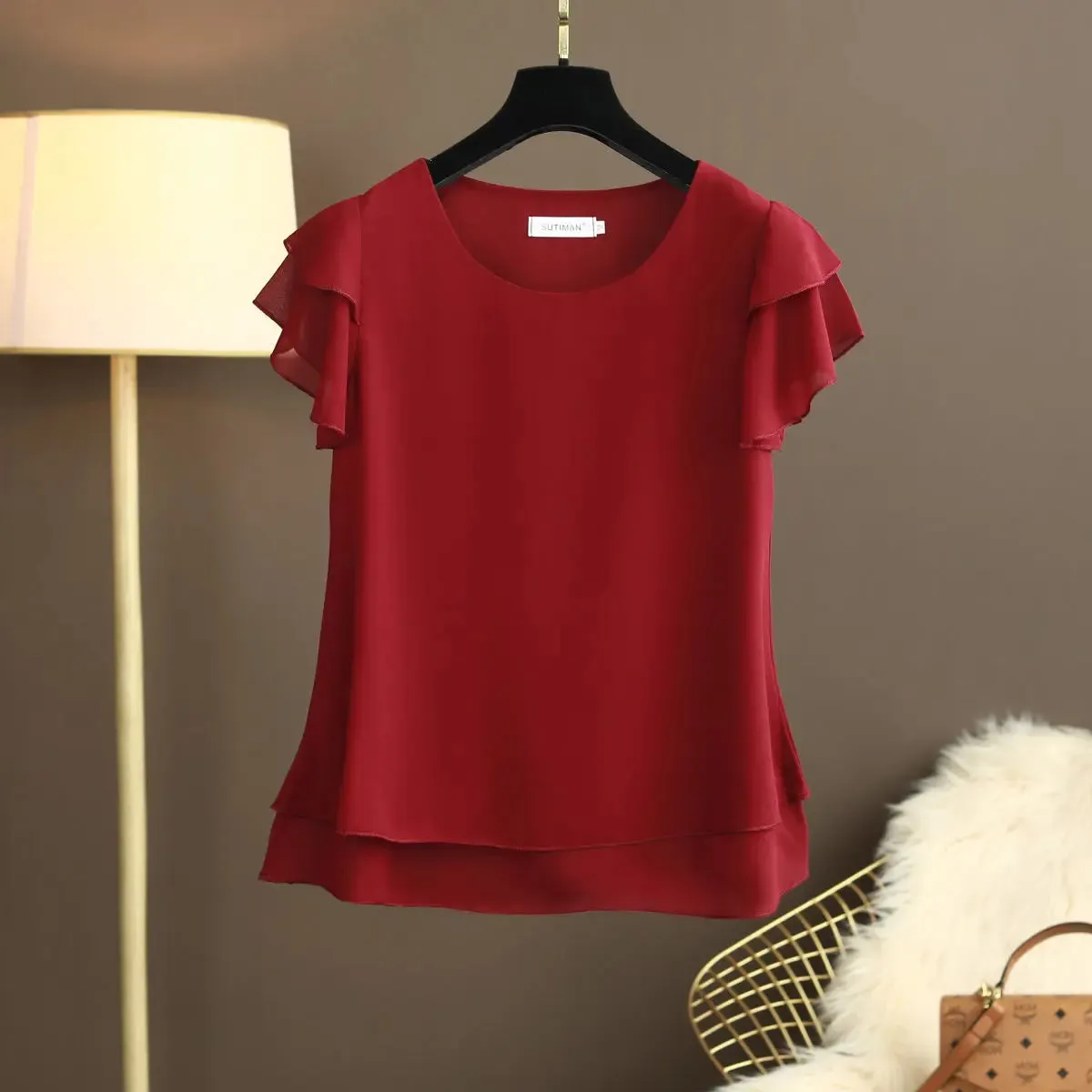 Women Blouse Loose O-Neck Chiffon Shirt Female Short Sleeve Oversized Shirts