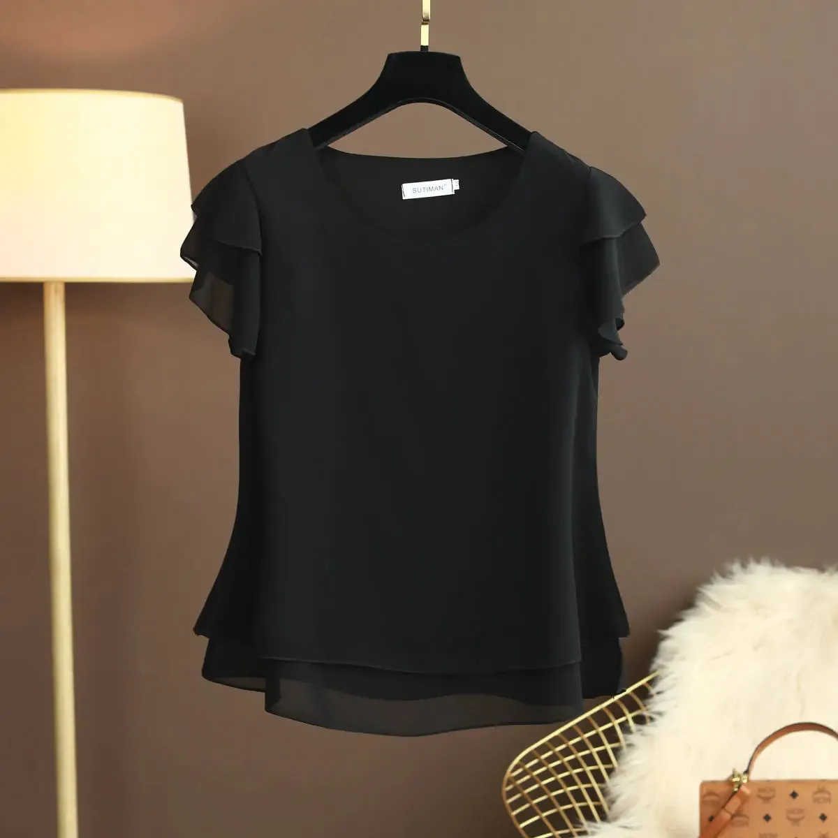 Women Blouse Loose O-Neck Chiffon Shirt Female Short Sleeve Oversized Shirts