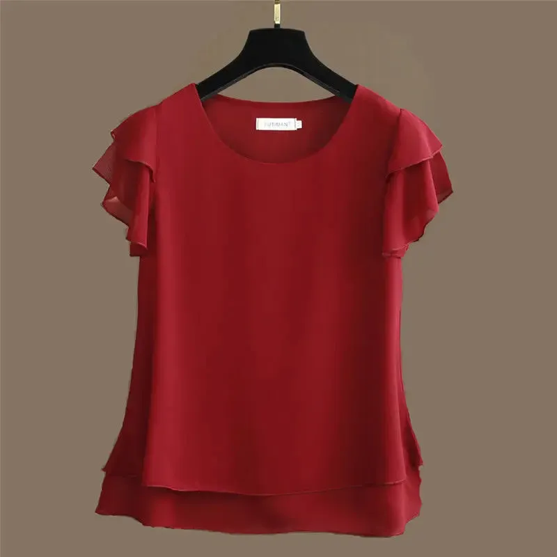 Women Blouse Loose O-Neck Chiffon Shirt Female Short Sleeve Oversized Shirts