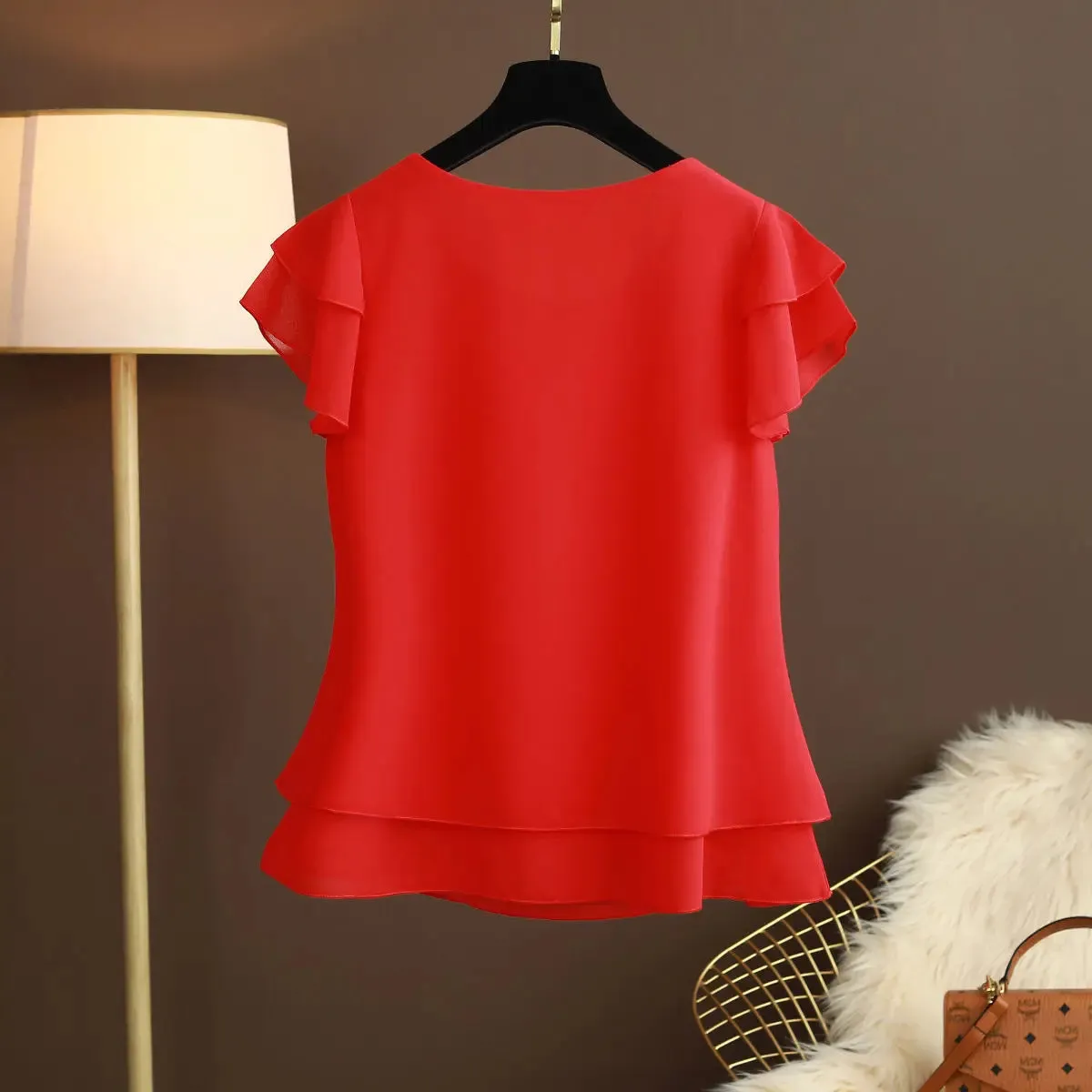 Women Blouse Loose O-Neck Chiffon Shirt Female Short Sleeve Oversized Shirts