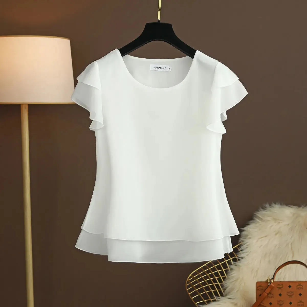 Women Blouse Loose O-Neck Chiffon Shirt Female Short Sleeve Oversized Shirts