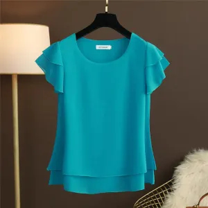 Women Blouse Loose O-Neck Chiffon Shirt Female Short Sleeve Oversized Shirts