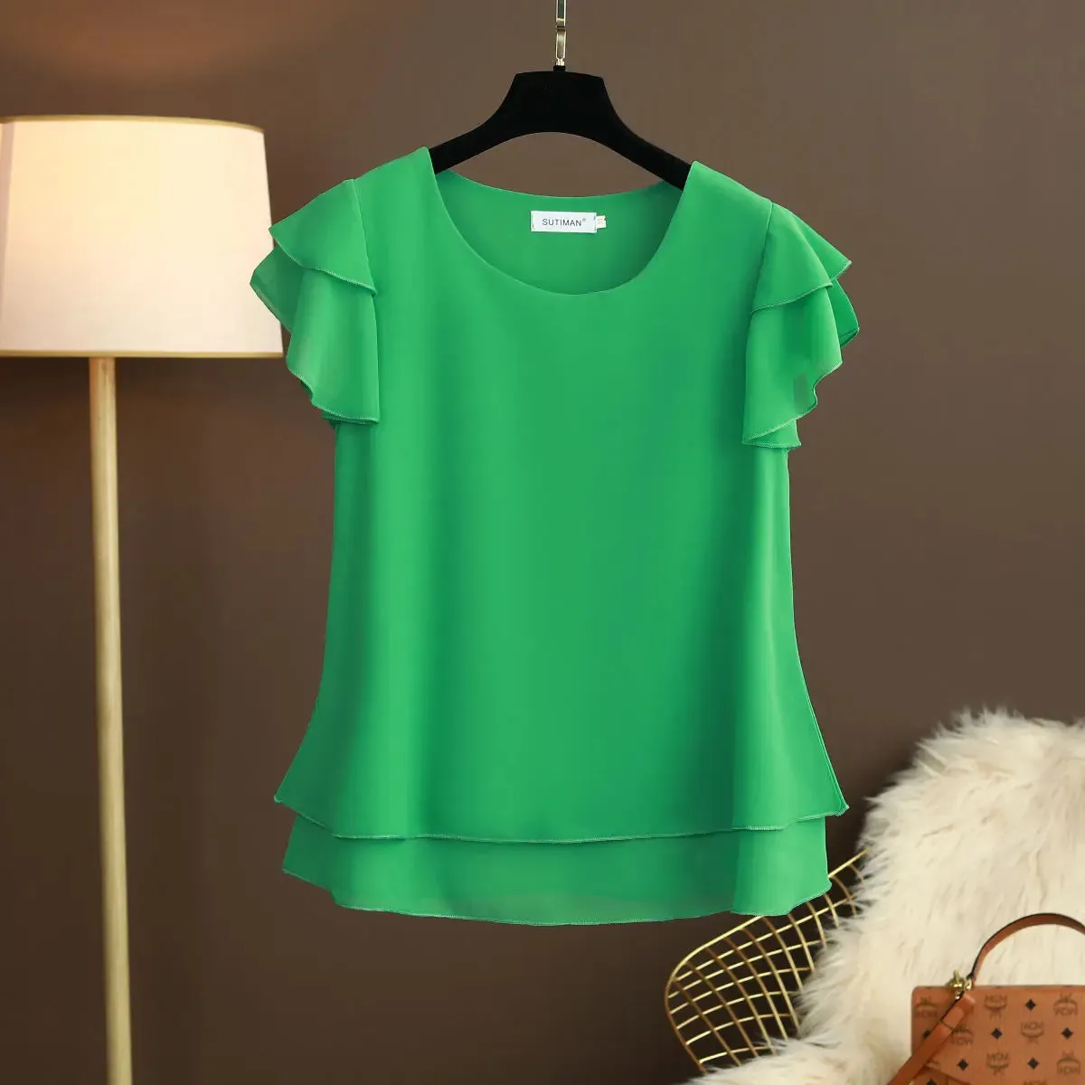 Women Blouse Loose O-Neck Chiffon Shirt Female Short Sleeve Oversized Shirts