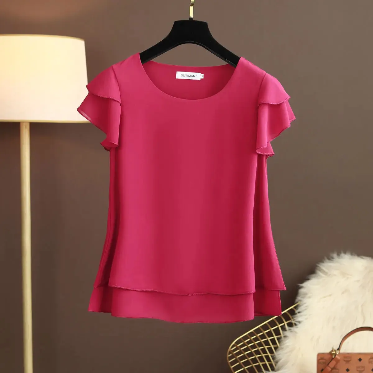 Women Blouse Loose O-Neck Chiffon Shirt Female Short Sleeve Oversized Shirts