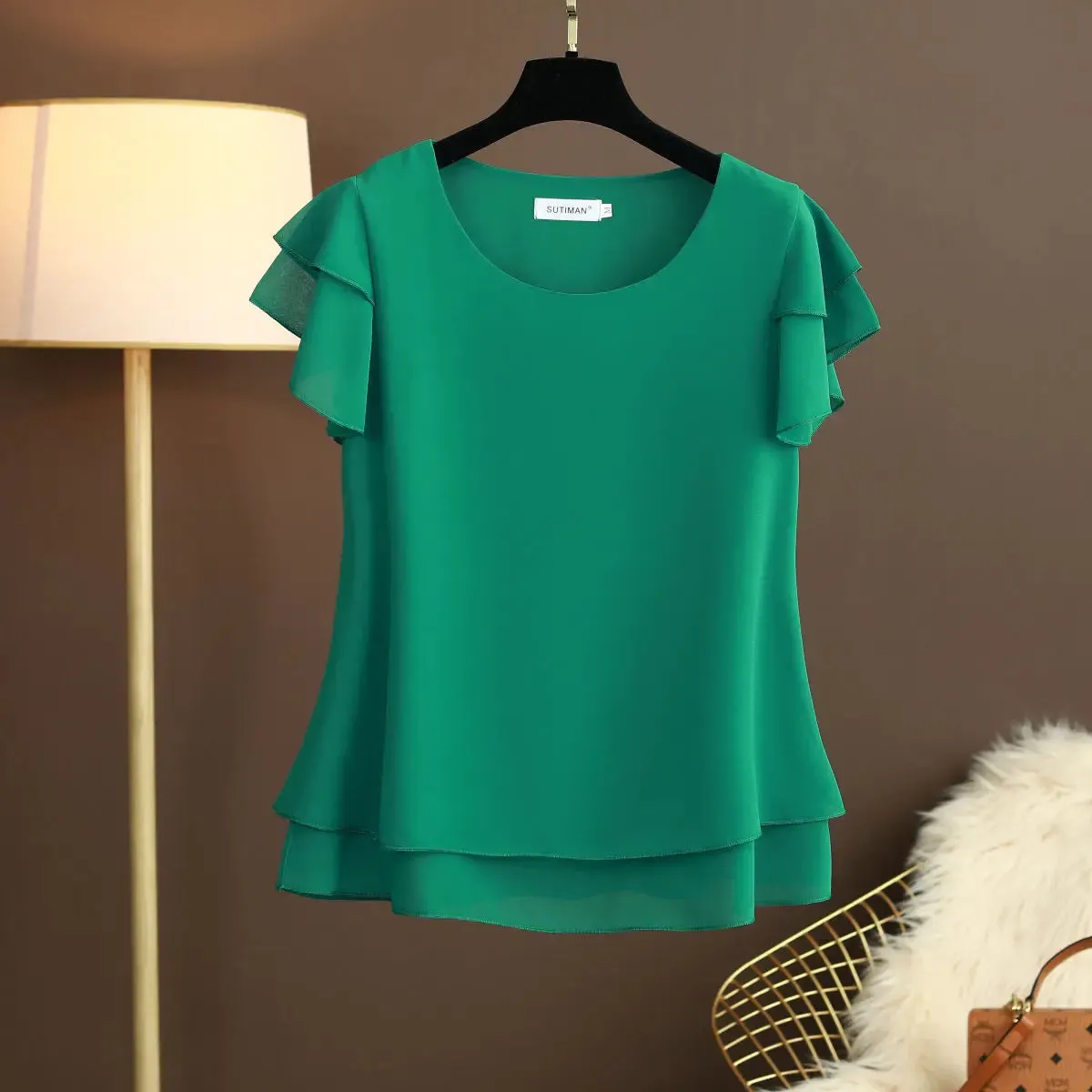 Women Blouse Loose O-Neck Chiffon Shirt Female Short Sleeve Oversized Shirts