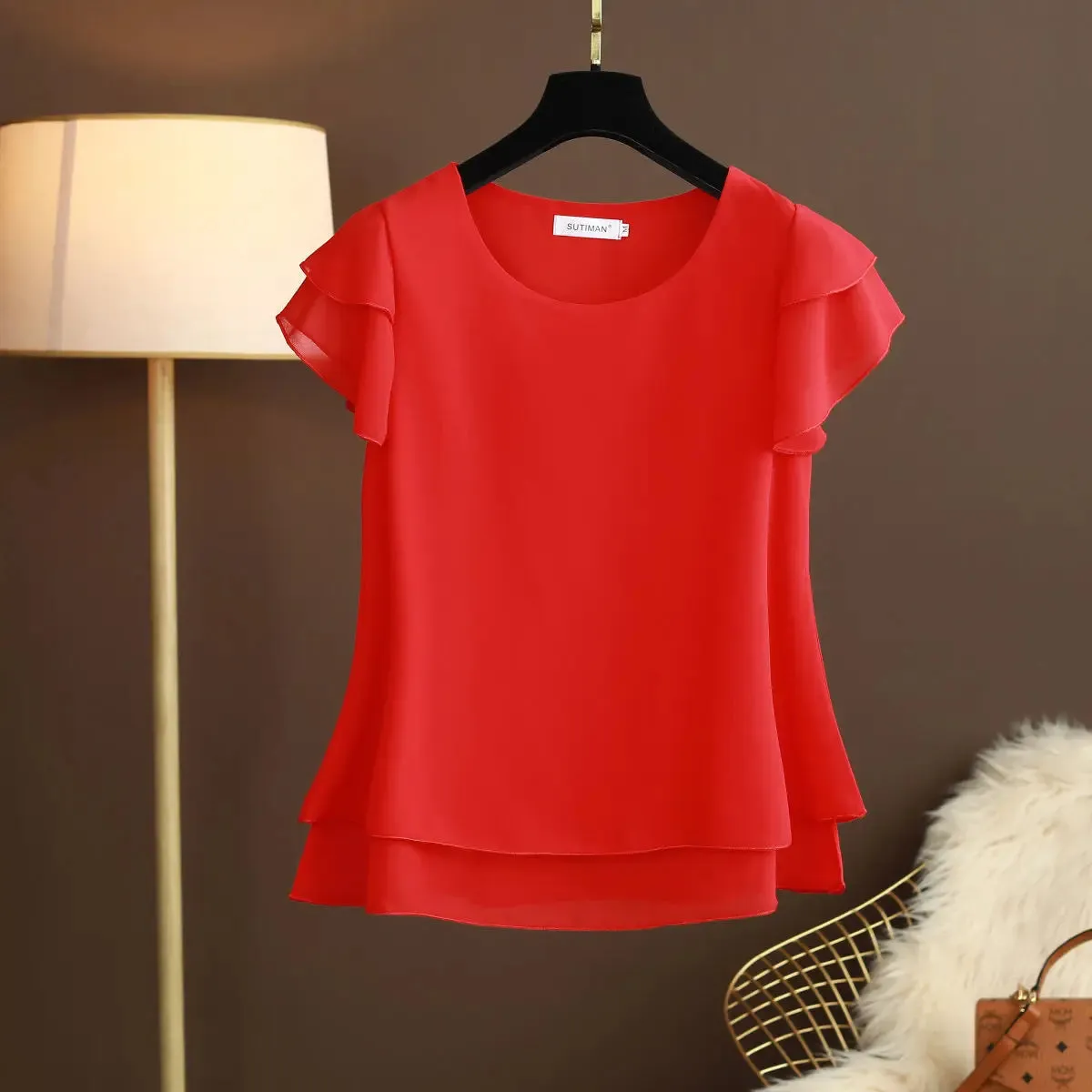 Women Blouse Loose O-Neck Chiffon Shirt Female Short Sleeve Oversized Shirts