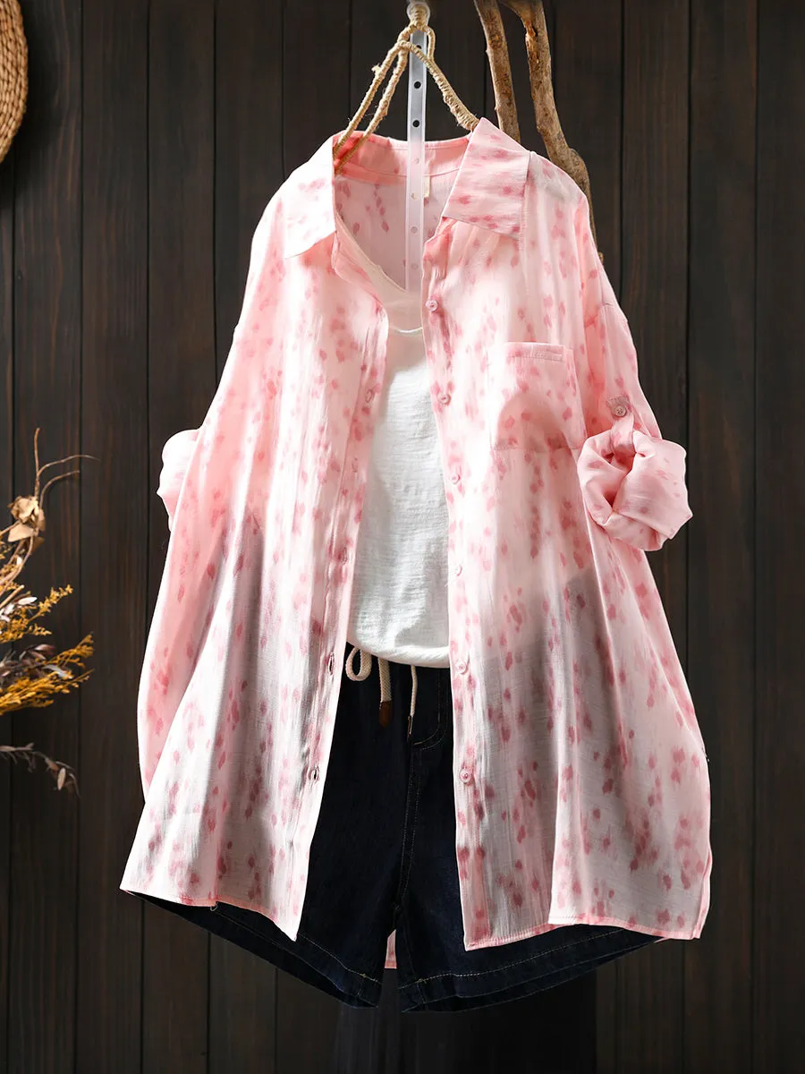 Women Summer Artsy Print Turn-down Collar Thin Shirt