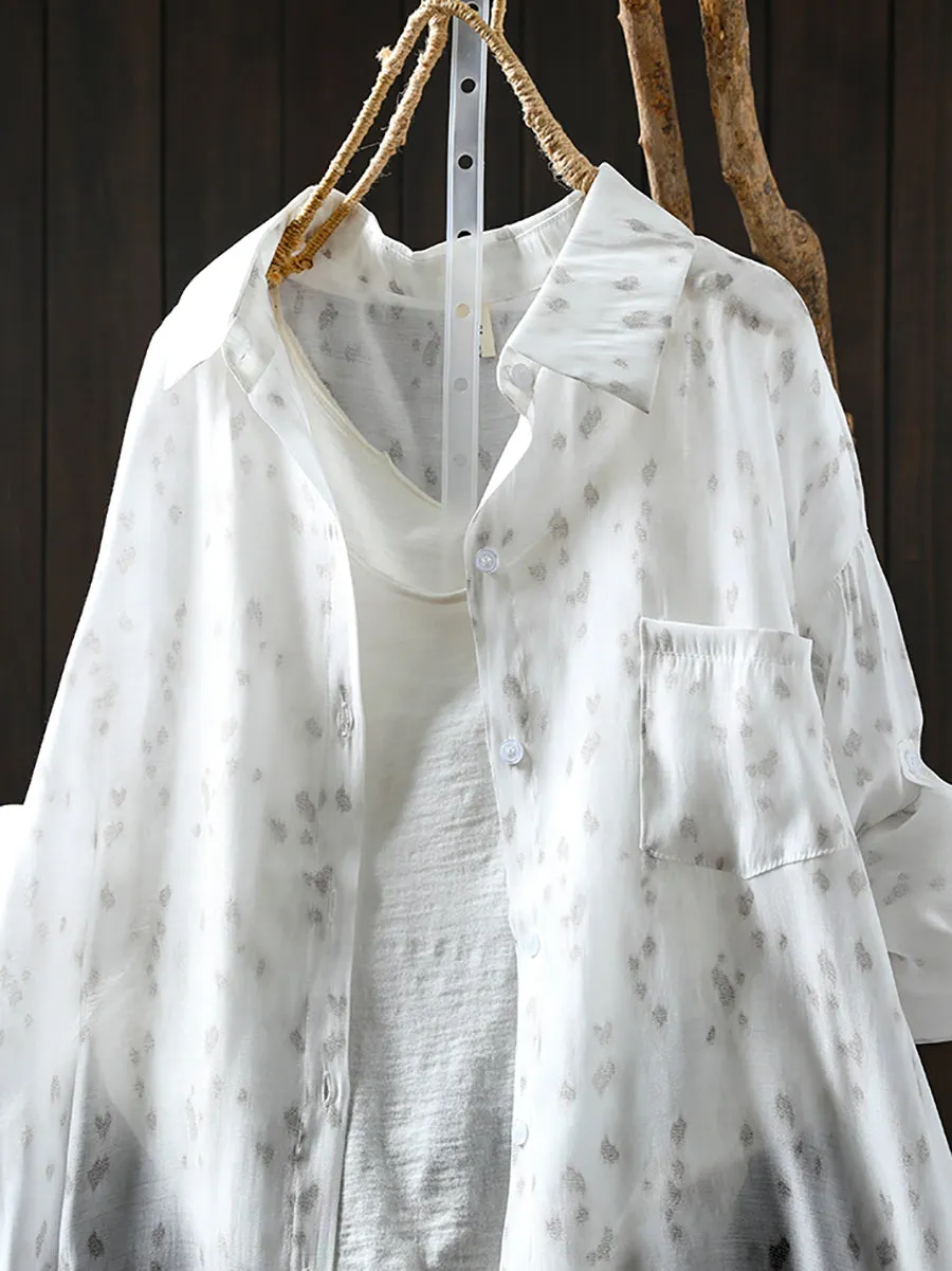 Women Summer Artsy Print Turn-down Collar Thin Shirt
