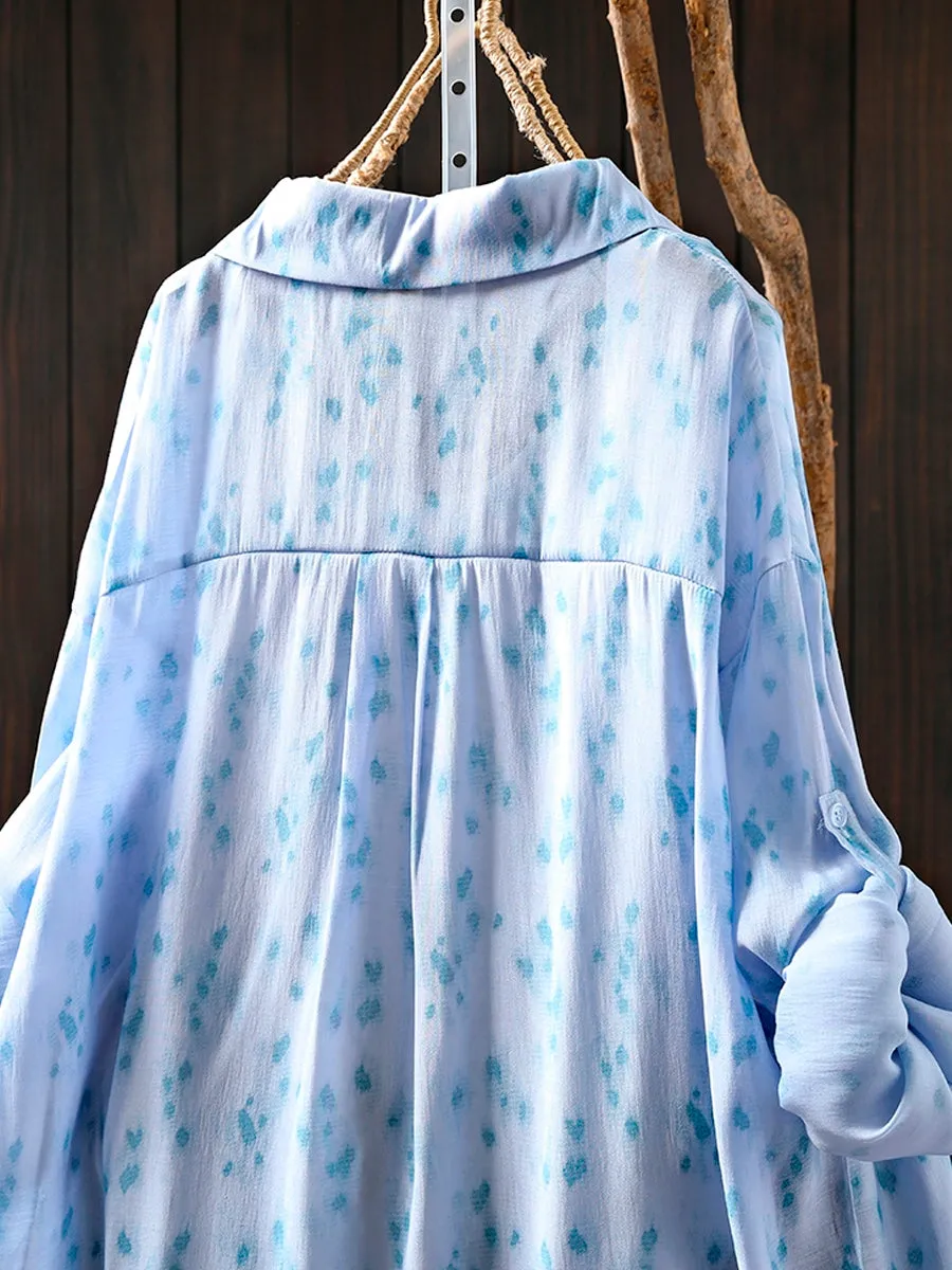 Women Summer Artsy Print Turn-down Collar Thin Shirt
