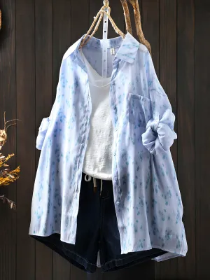 Women Summer Artsy Print Turn-down Collar Thin Shirt