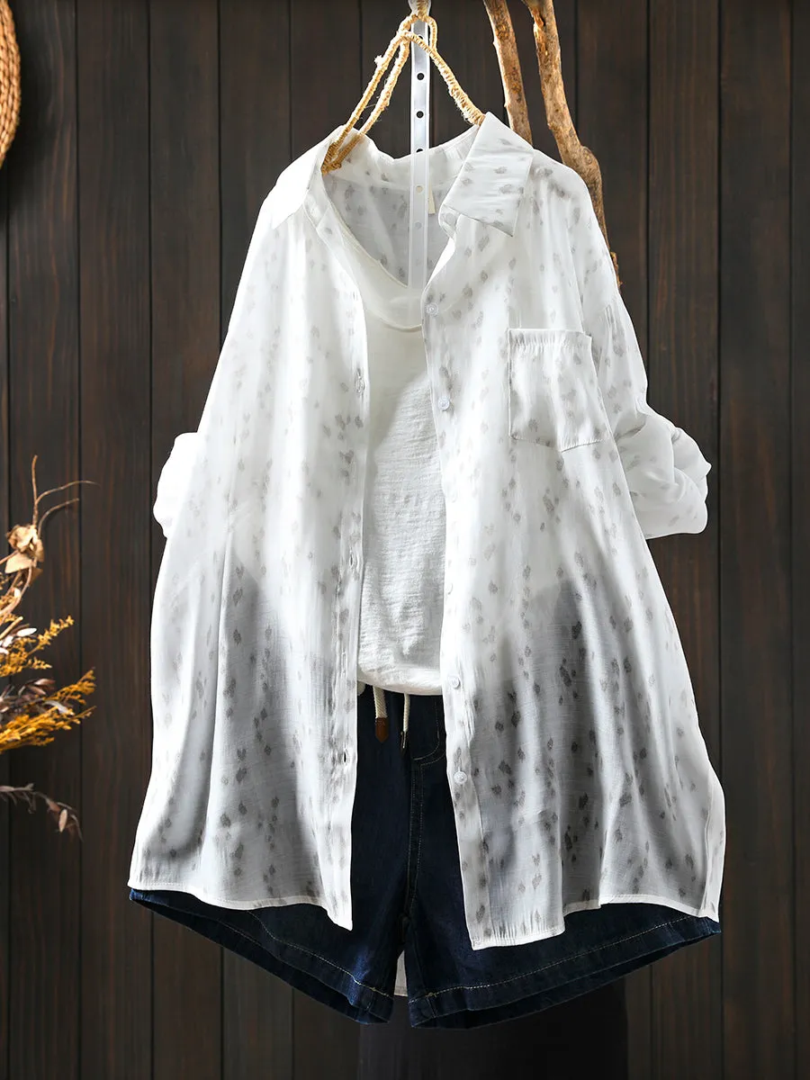 Women Summer Artsy Print Turn-down Collar Thin Shirt
