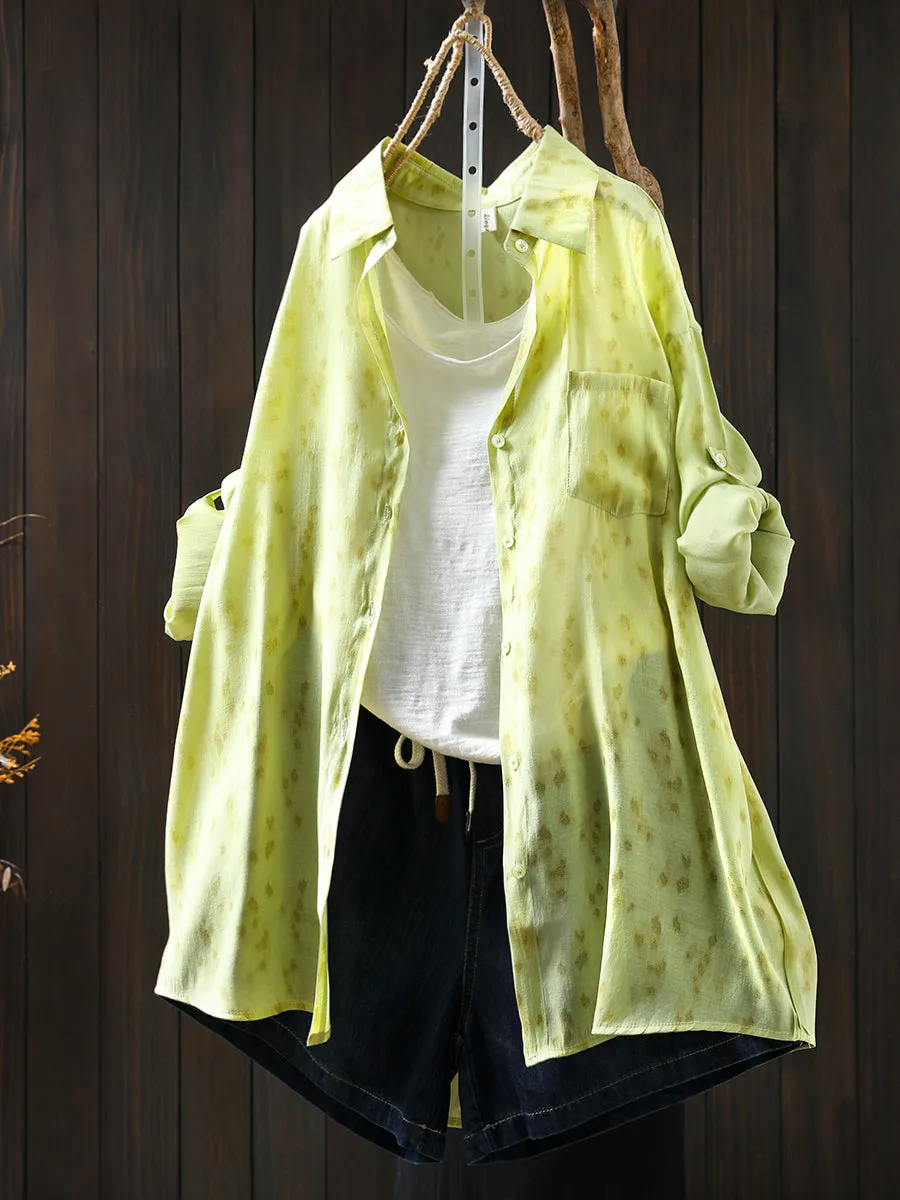 Women Summer Artsy Print Turn-down Collar Thin Shirt