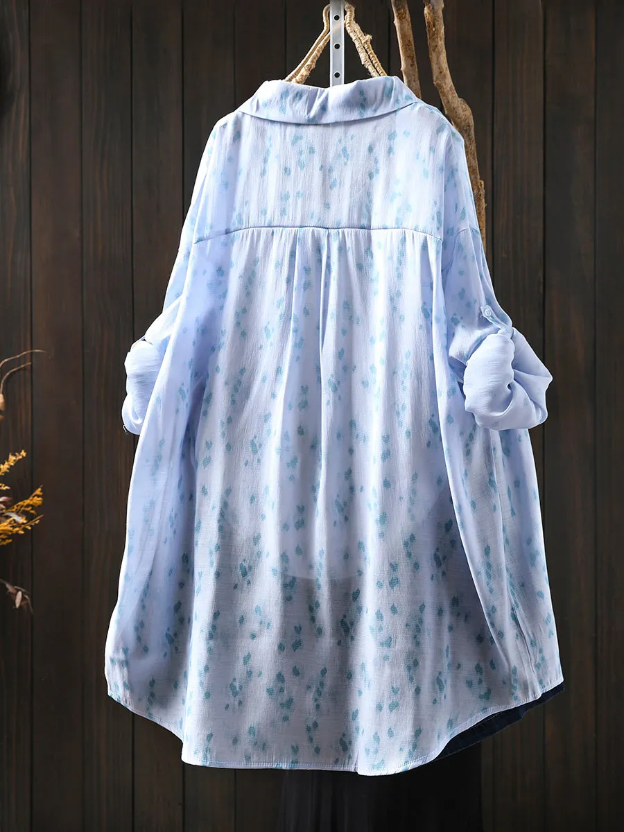 Women Summer Artsy Print Turn-down Collar Thin Shirt