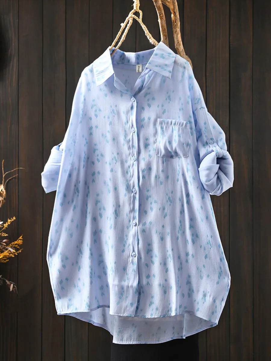 Women Summer Artsy Print Turn-down Collar Thin Shirt