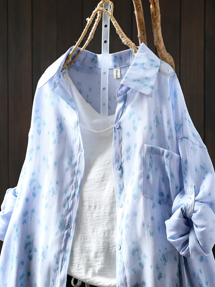 Women Summer Artsy Print Turn-down Collar Thin Shirt