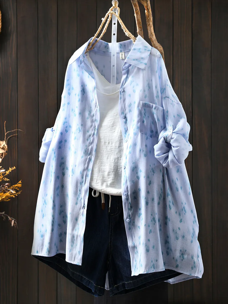Women Summer Artsy Print Turn-down Collar Thin Shirt