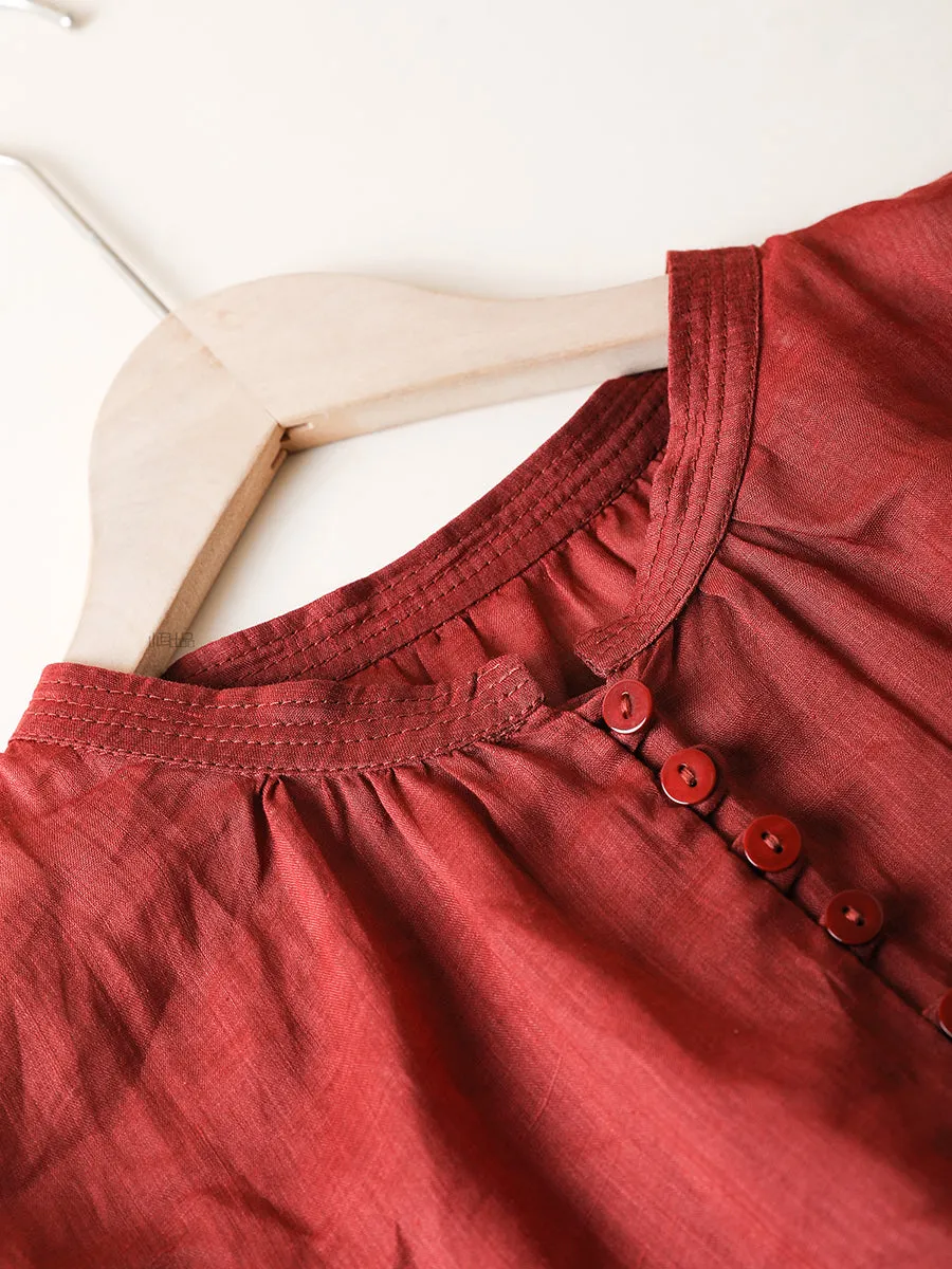 Women Summer Artsy Stand Collar Thin 100%Ramie Shirt