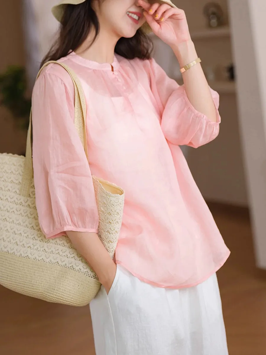 Women Summer Artsy Stand Collar Thin 100%Ramie Shirt