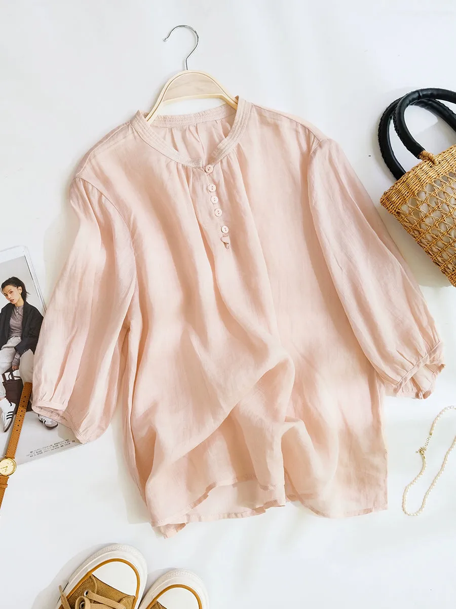 Women Summer Artsy Stand Collar Thin 100%Ramie Shirt