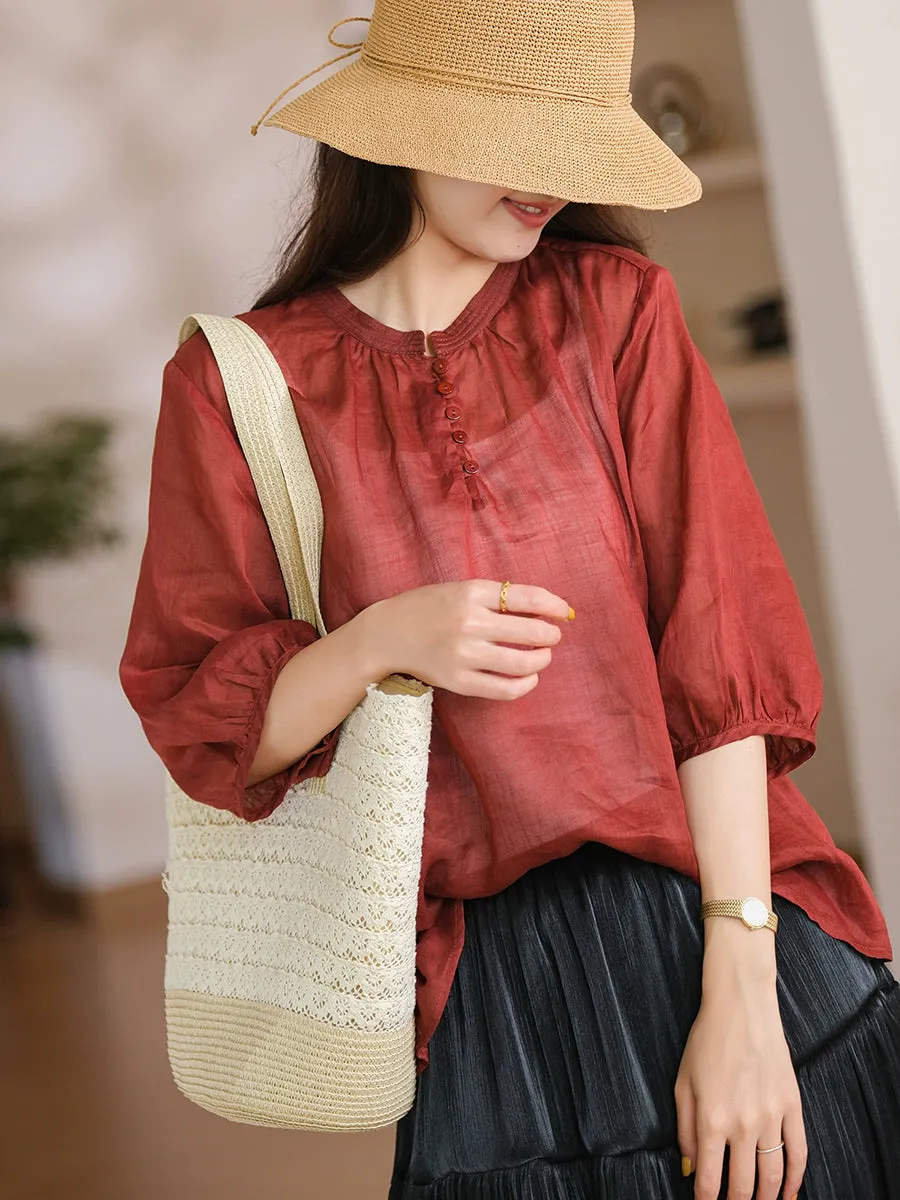 Women Summer Artsy Stand Collar Thin 100%Ramie Shirt