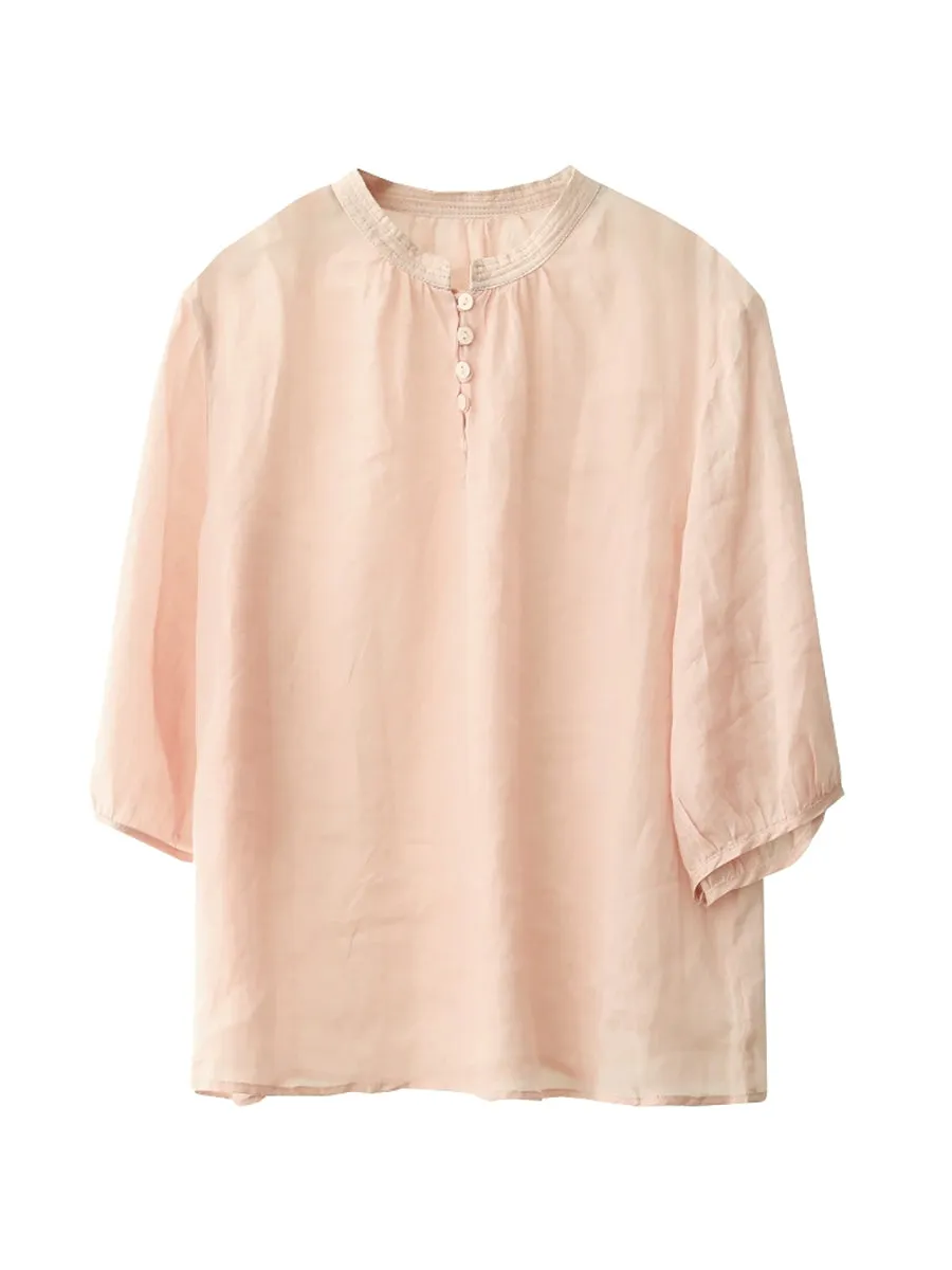 Women Summer Artsy Stand Collar Thin 100%Ramie Shirt