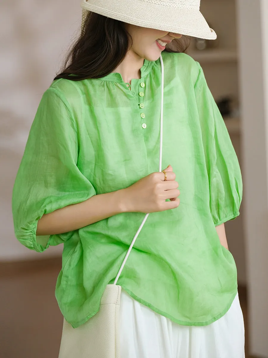 Women Summer Artsy Stand Collar Thin 100%Ramie Shirt