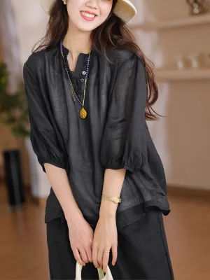 Women Summer Artsy Stand Collar Thin 100%Ramie Shirt