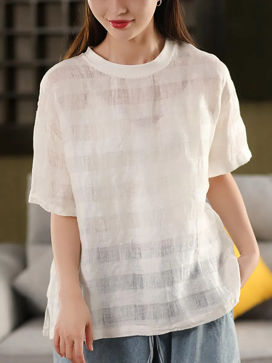 Women Summer Thin Stripe O-Neck 100%Linen Shirt