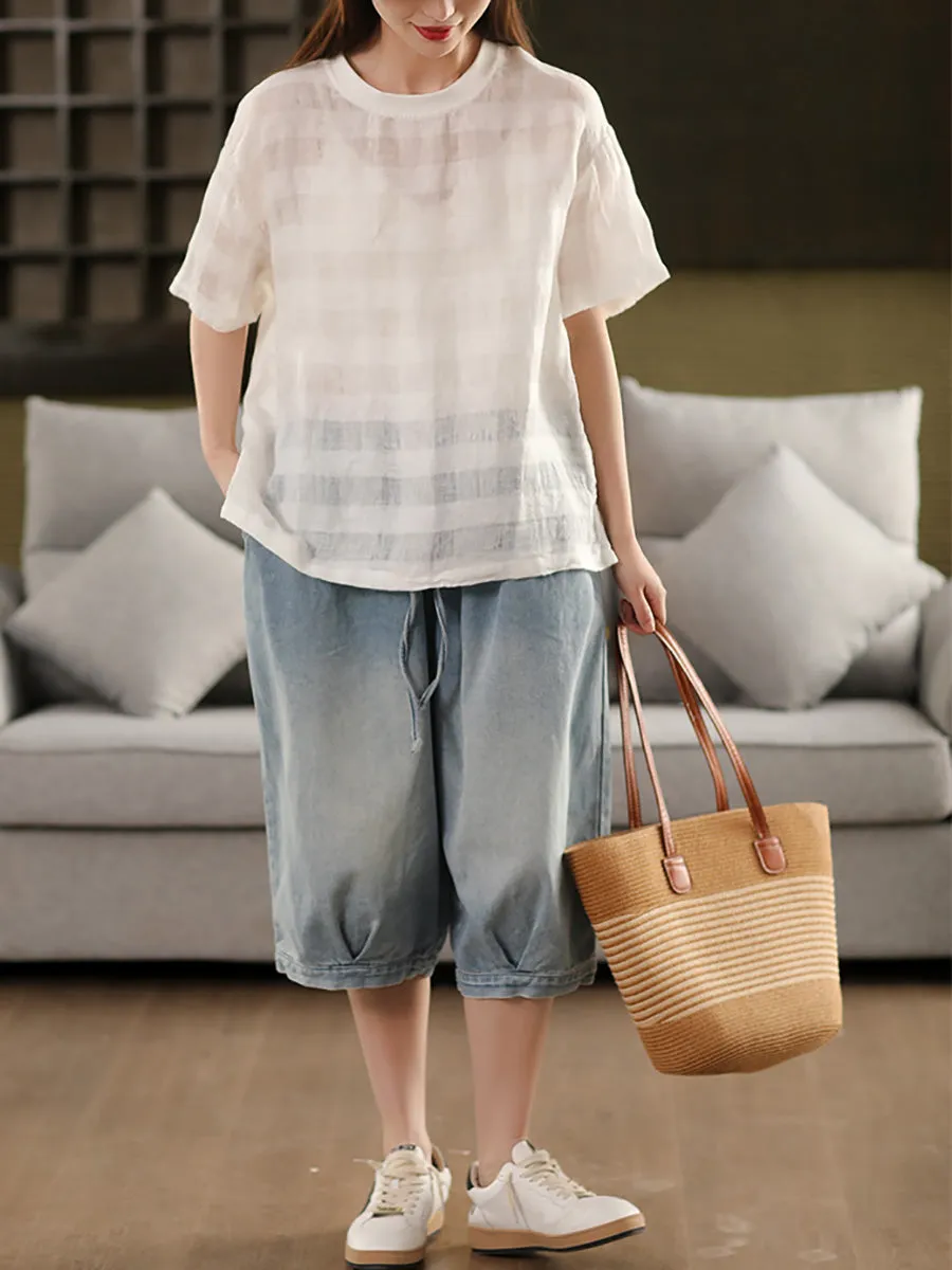 Women Summer Thin Stripe O-Neck 100%Linen Shirt