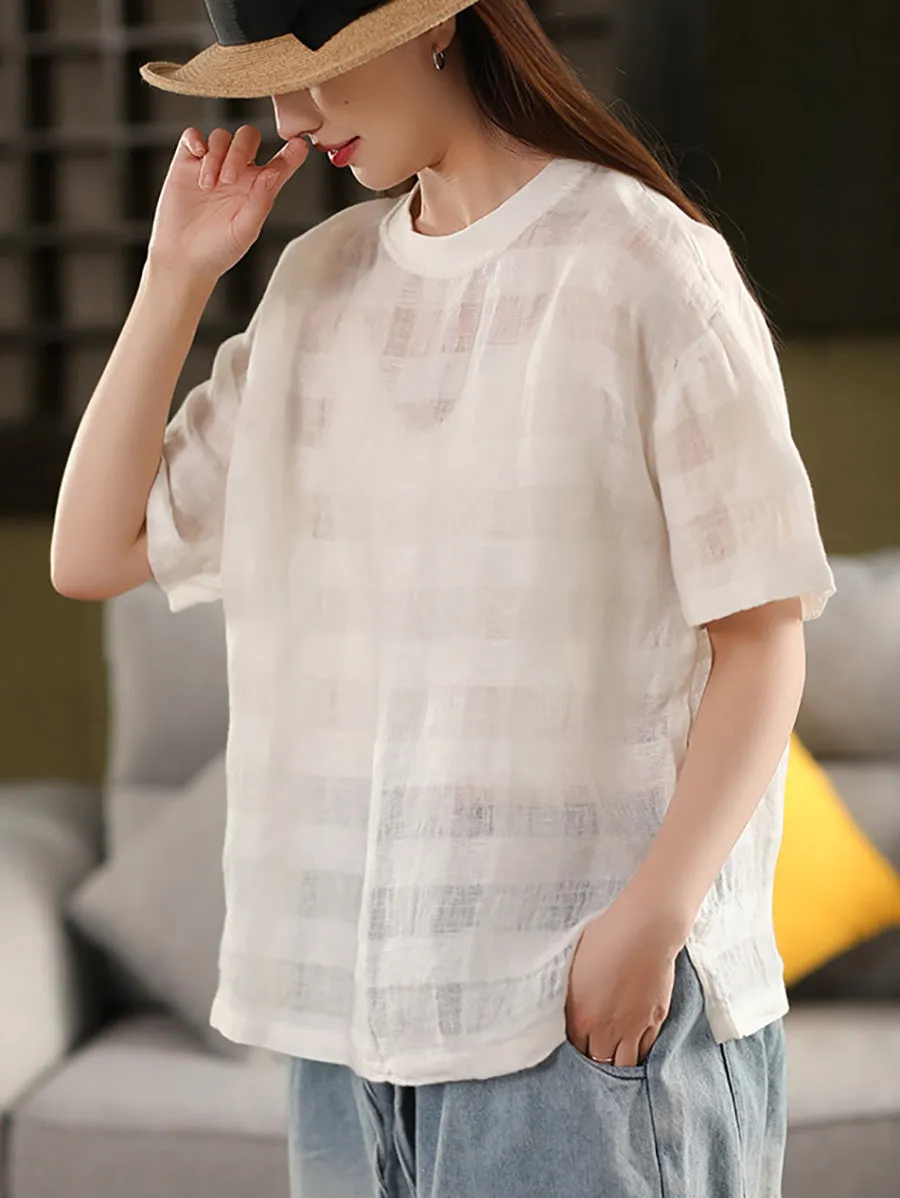 Women Summer Thin Stripe O-Neck 100%Linen Shirt