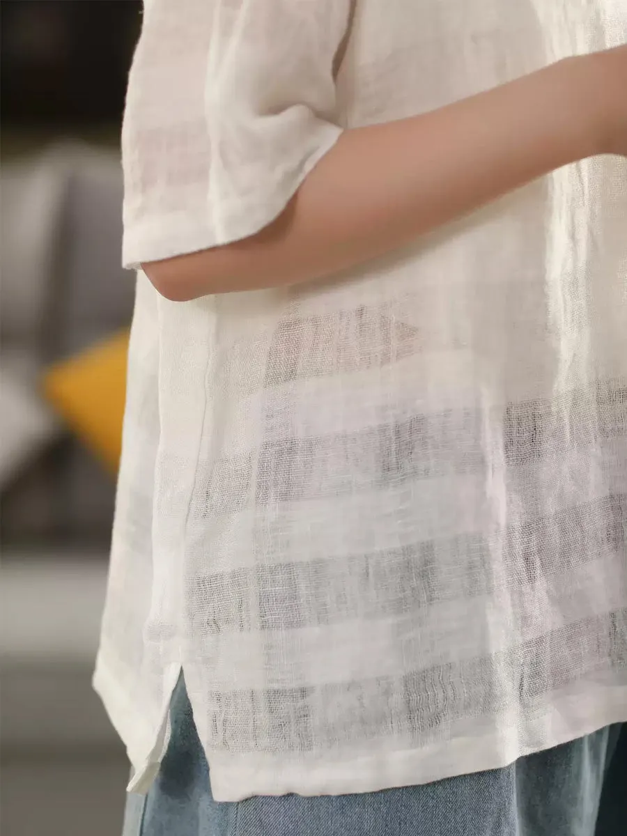 Women Summer Thin Stripe O-Neck 100%Linen Shirt