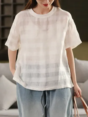 Women Summer Thin Stripe O-Neck 100%Linen Shirt
