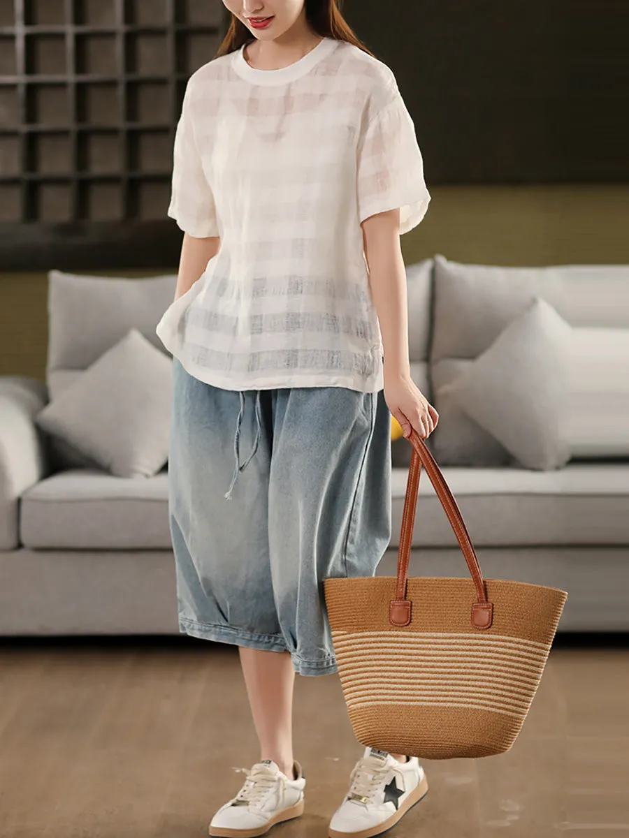 Women Summer Thin Stripe O-Neck 100%Linen Shirt
