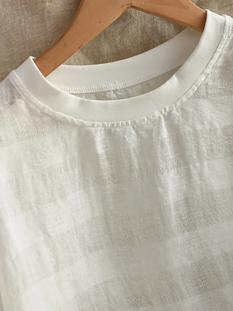 Women Summer Thin Stripe O-Neck 100%Linen Shirt
