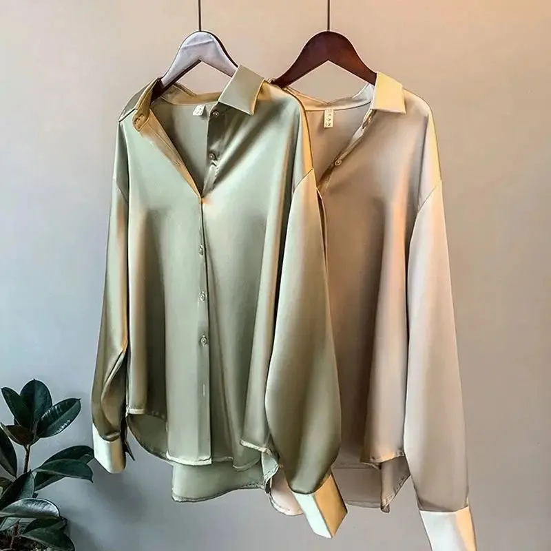 Women's Spring Knit Cardigan Blouse - Korean Lapel Long Sleeve Buttoned Top
