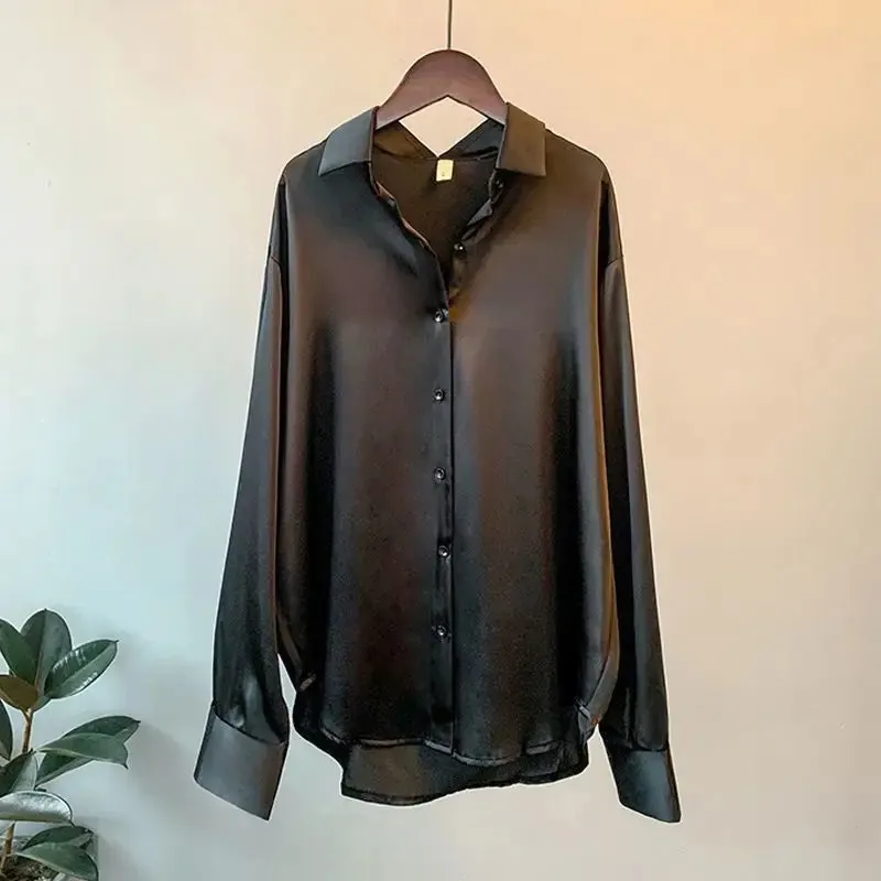 Women's Spring Knit Cardigan Blouse - Korean Lapel Long Sleeve Buttoned Top