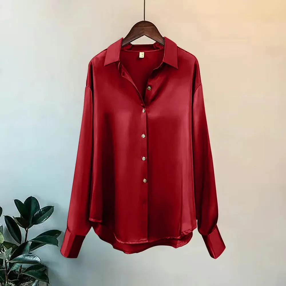 Women's Spring Knit Cardigan Blouse - Korean Lapel Long Sleeve Buttoned Top