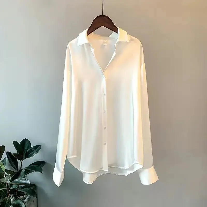 Women's Spring Knit Cardigan Blouse - Korean Lapel Long Sleeve Buttoned Top