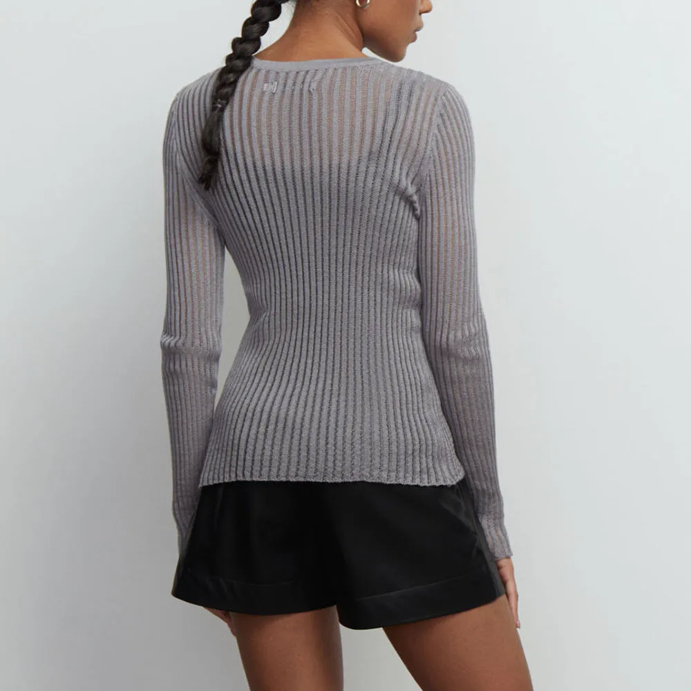 XIEYINSHE Cross-border hollow knitted sweater Europe, America and the United States New spring and summer sexy slim-fit wool round neck long-sleeved thin pit strip knitted sweater