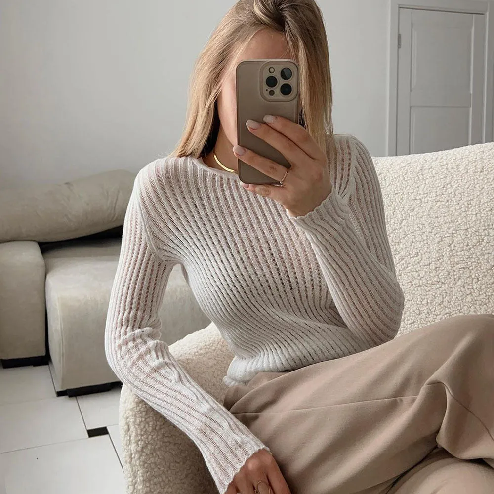 XIEYINSHE Cross-border hollow knitted sweater Europe, America and the United States New spring and summer sexy slim-fit wool round neck long-sleeved thin pit strip knitted sweater